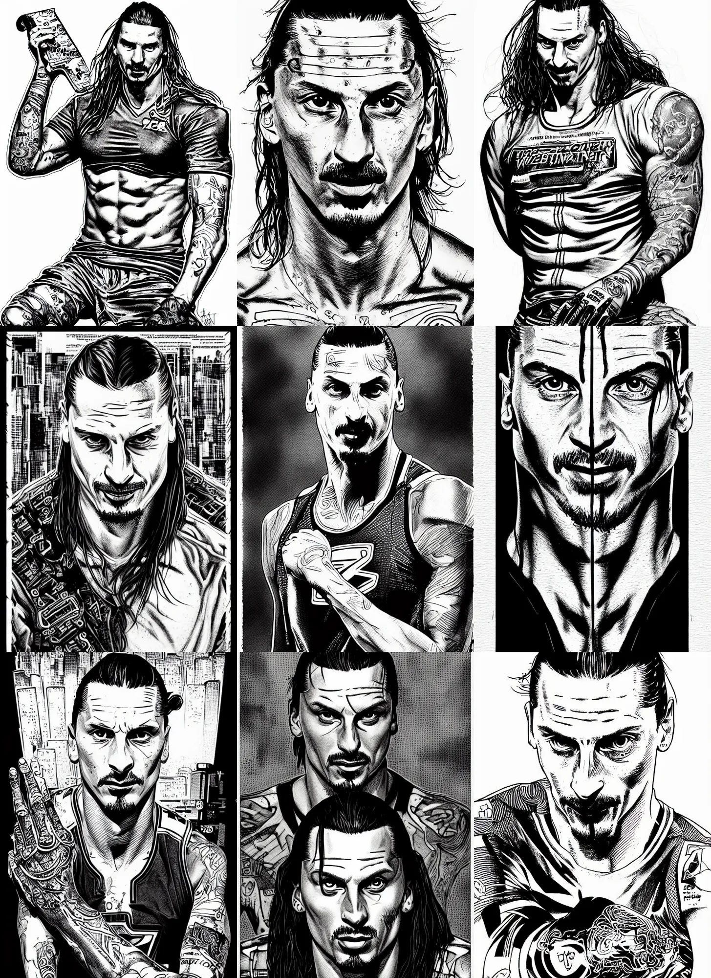 Prompt: zlatan ibrahimovic, portrait, cyberpunk 2 0 2 0 manual, by steampoweredmikej, by tim bradstreet, inktober, ink drawing, black and white, coloring pages, manga, highly detailed