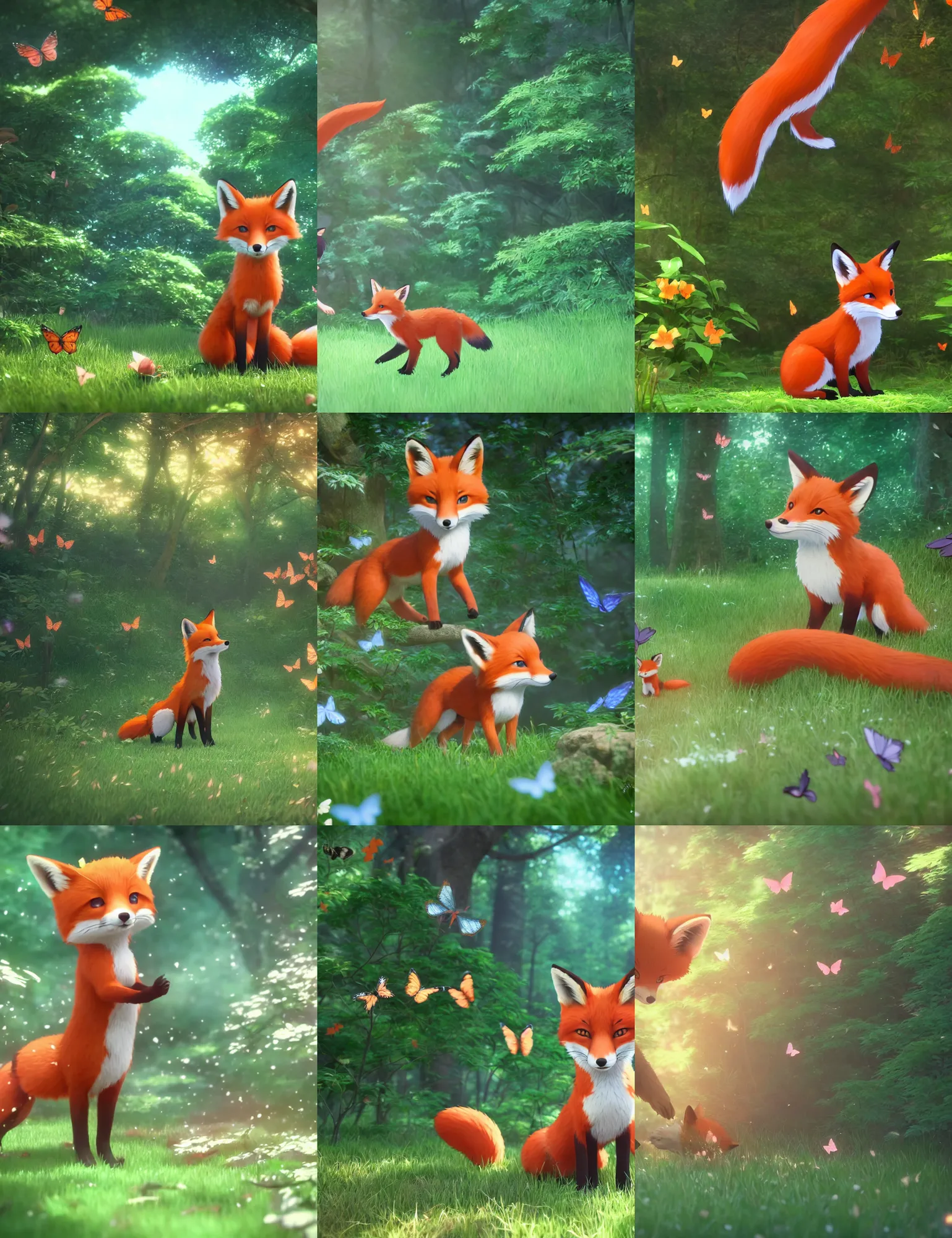 Prompt: little fox play with butterflies in forest, true colors, anime, japan, makoto shinkai, ultra hd, ray tracing, smooth, dream