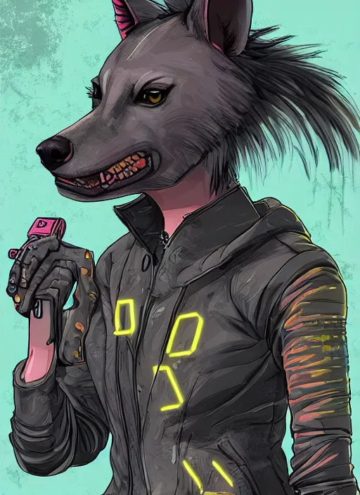 Image similar to digital artwork of anthromorphic hyena female drawn in style of dai. dai, fursona, furry fandom, neon rainy cyberpunk setting, anthro, wearing cyberpunk 2 0 7 7 jacket, detailed face,