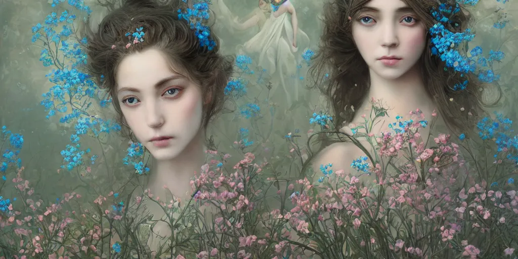 Image similar to breathtaking detailed concept art painting portrait of the goddess of nemophila flowers, orthodox saint, with anxious piercing eyes, ornate background, amalgamation of leaves and flowers, by hsiao - ron cheng, extremely moody lighting, 8 k