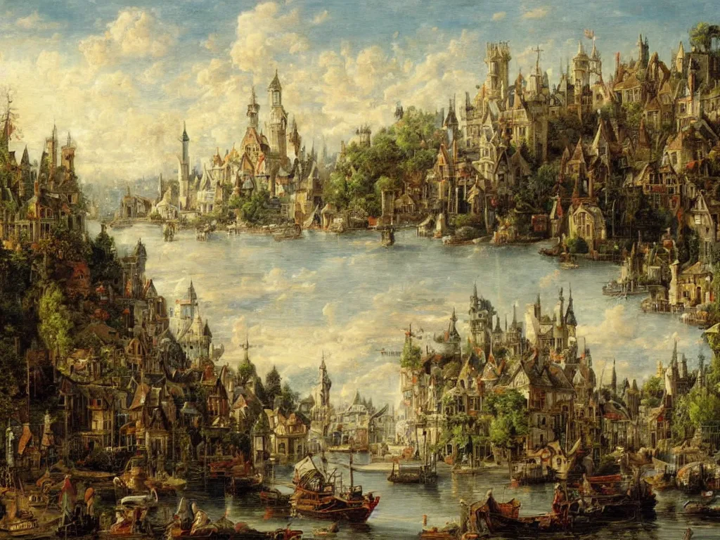 Image similar to an old enchanted fantasy town, viewed from the harbor, by jean - baptist monge,