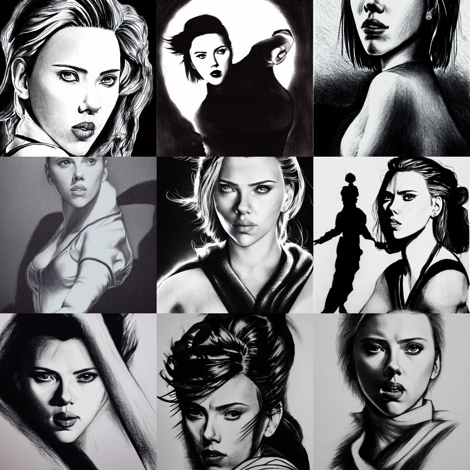 Prompt: scarlett johansson as kung - fu master, realistic black and white, pencil and ink, dramatic lighting, full body profile