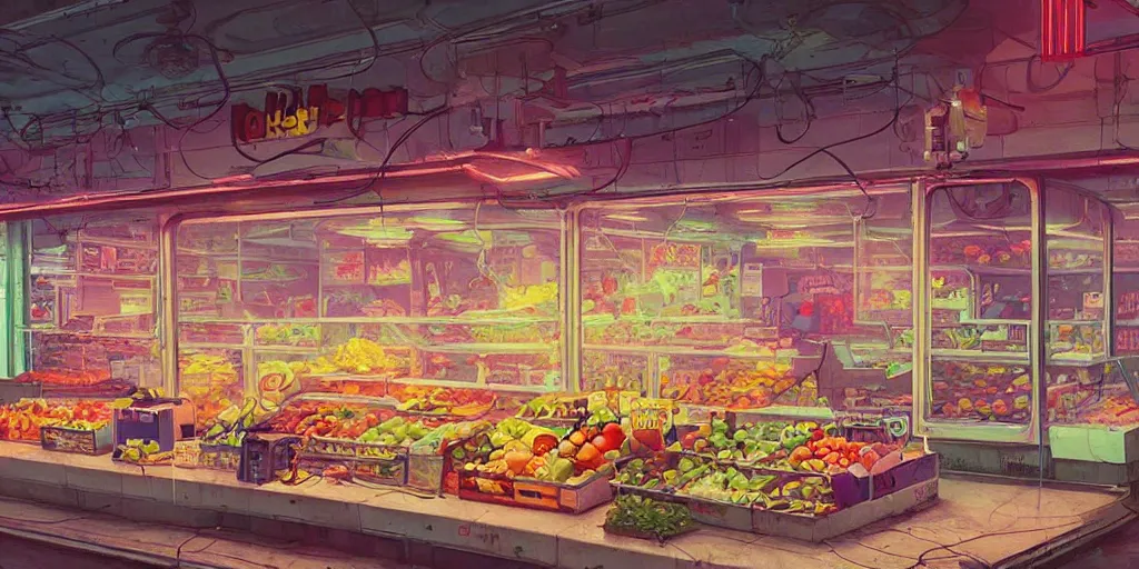 Image similar to fruit store, 1 9 8 0, retrofuturism, cluttered, wires everywhere, window, at night, dramatic lighting, alien technology, detailed by simon stalenhag