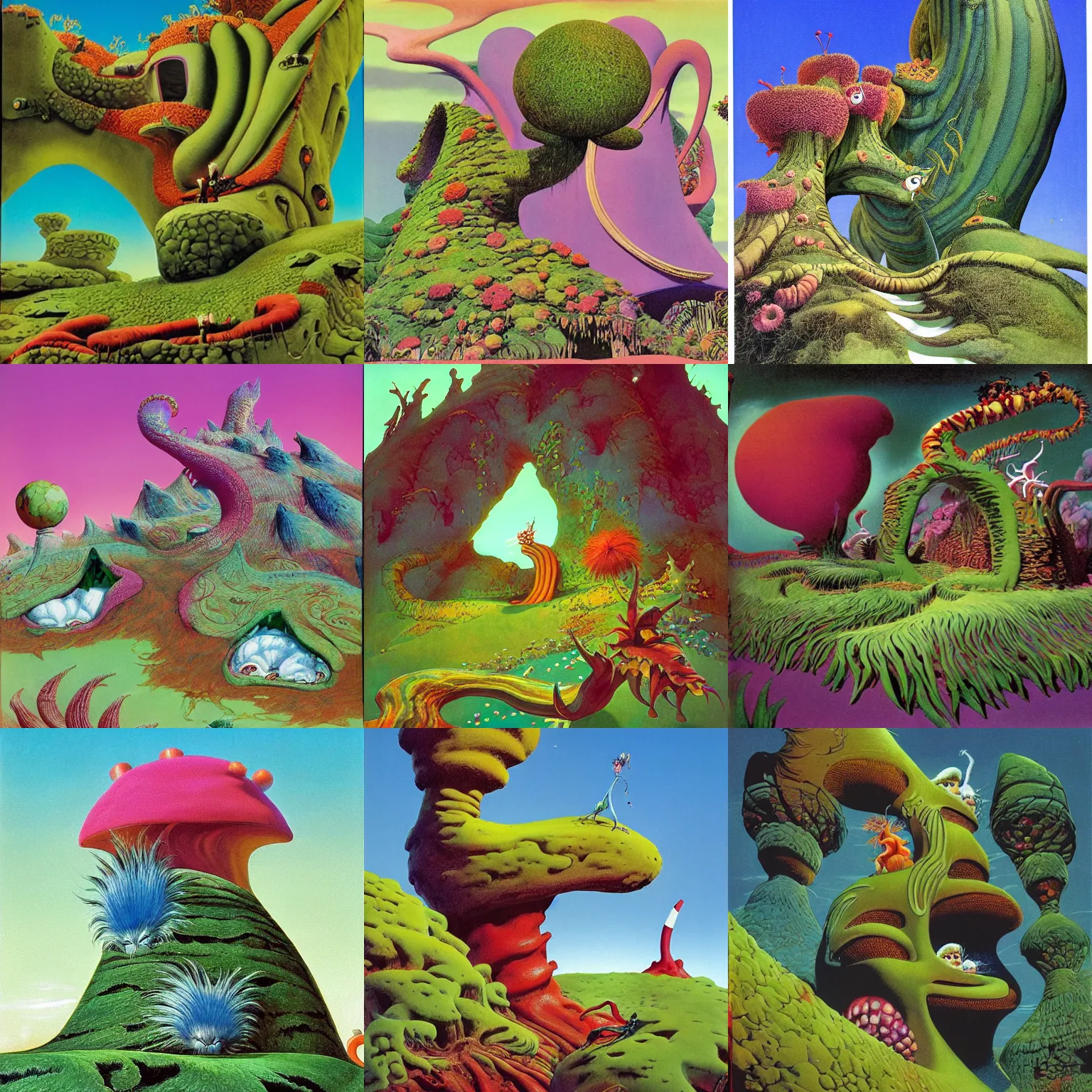 Prompt: art by roger dean. horton on a rampages in whoville