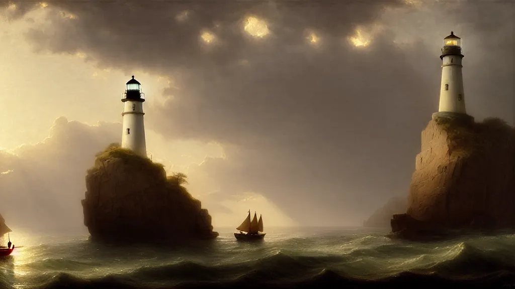 Image similar to lighthouse in the cave, sail boat, andreas achenbach, artgerm, mikko lagerstedt, zack snyder, tokujin yoshioka