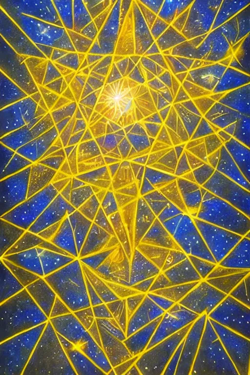 Image similar to visionary art of triangles within triangles of golden light floating in outer space full of stars and galaxies, showing an entrance to another dimension full of light and spiritual joy, elegance and vertical symmetry