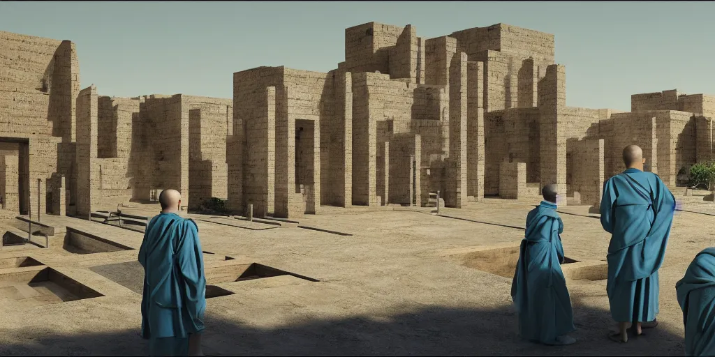 Image similar to babylonian garden based on the design of carlo scarpa in a megacity made of travertine temples, three monks wearing blue robes in the foreground, nuclear power station in the distance, sci-fi, light blue sky with clouds, optimistic matte painting, style by syd mead, 8k, octane render, photorealistic, hyperrealism