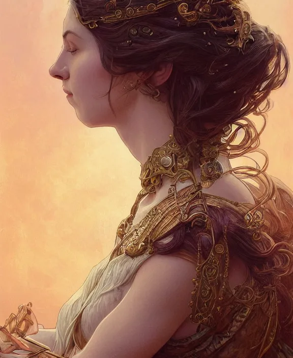 Image similar to portrait of a beautiful goddess, soft hair, half body, medieval, ornate, hairy, d & d, fantasy, intricate, elegant, highly detailed, digital painting, artstation, concept art, smooth, sharp focus, illustration, art by artgerm and greg rutkowski and alphonse mucha