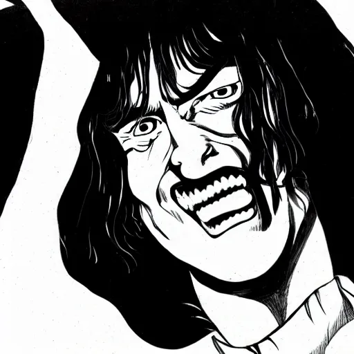 Image similar to black and white Junji Ito illustration of Tommy Wiseau