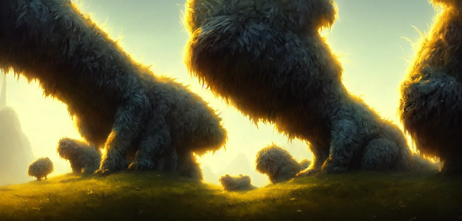 Prompt: shaggy fluffy angry monsters close - up upscale, detailed, concept art, low angle, high detail, warm lighting, volumetric, godrays, vivid, beautiful, trending on artstation, by jordan grimmer, huge scene, grass, art greg rutkowski