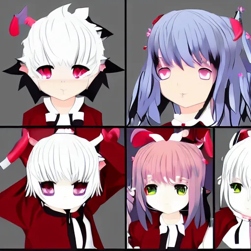 Prompt: vtuber white hair, red eyes, two little horn on the head, anime style