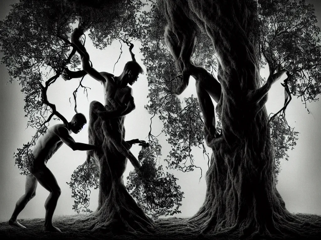 Prompt: award - winning photo of a man transforming into a tree, chiaroscuro, awe, terror, beauty