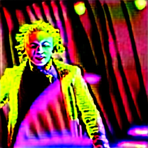 Image similar to a photo of wolfgang amadeus mozart on a rave. he sweats a lot because the club is poorly ventilated, but he still has a great time. club photography, smartphone photography.