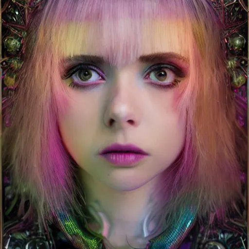 Prompt: Ethereal, mysterious stunning maximalist mesmerizing cyberpunk girl named Alessandra Torresani from the rainbow sky paradise, high-tech, professional high fashion model photo shoot, hyperdetailed by Mark Ryden and artgerm and Hiroyuki-Mitsume Takahashi, 35mm macro shot, hyperrealism, 8k resolution 3D