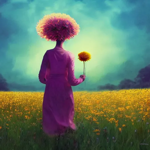 Image similar to daisy flower as a face, girl walking in flower field, holding daisy, surreal photography, sunrise, impressionist painting, colorful clouds, digital painting, artstation, simon stalenhag, flower face