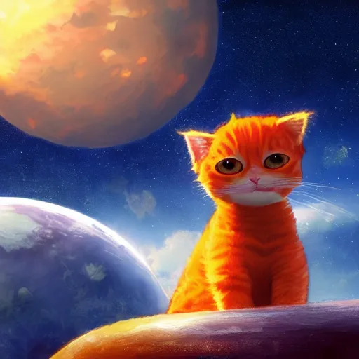 Prompt: A fuzzy orange cat sitting on planet earth in space, full of details, by Makoto Shinkai and thomas kinkade, digital painting, Matte painting, trending on artstation and unreal engine