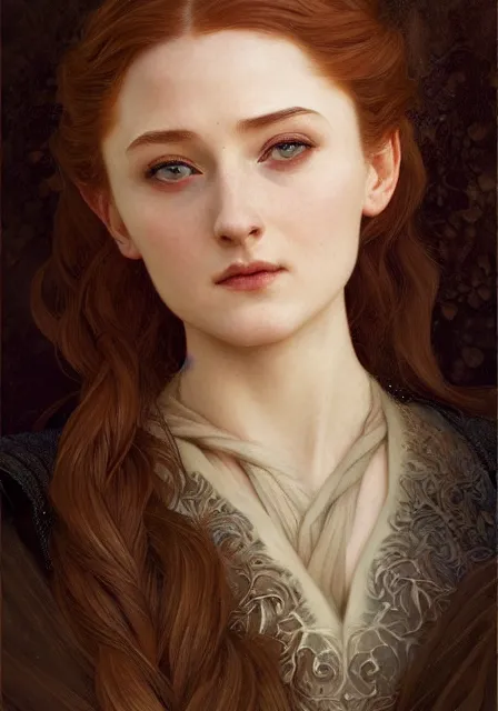 Image similar to portrait of little sansa stark, intricate, elegant, highly detailed, digital painting, artstation, concept art, smooth, sharp focus, illustration, art by artgerm and greg rutkowski and alphonse mucha and william - adolphe bouguereau