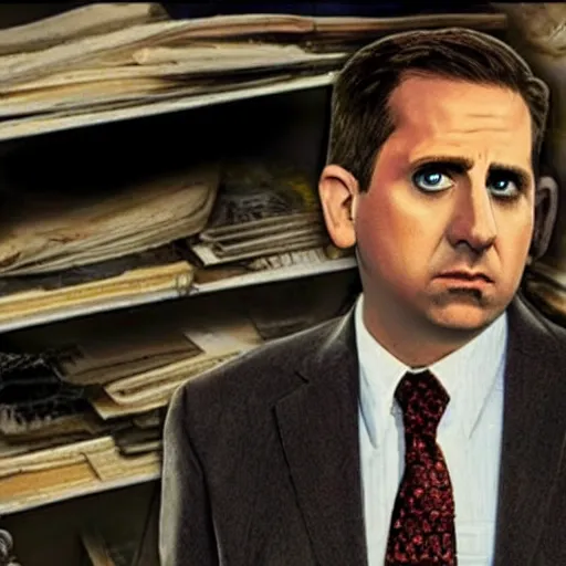 Prompt: post-apocalyptic michael scott, hyperrealistic