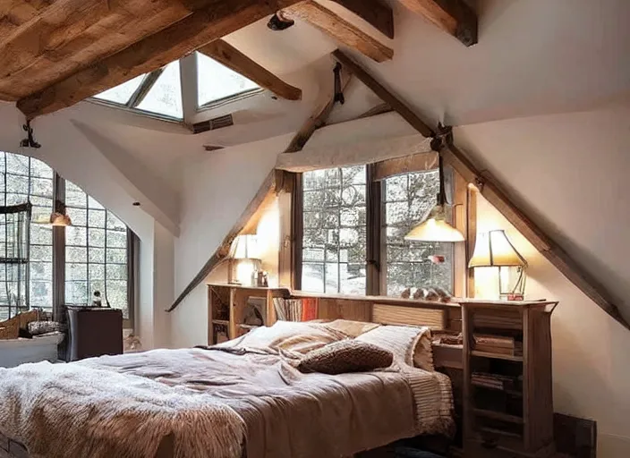 Prompt: cozy bedroom, nighttime, warm lighting, books, exposed beam ceiling, low lighting