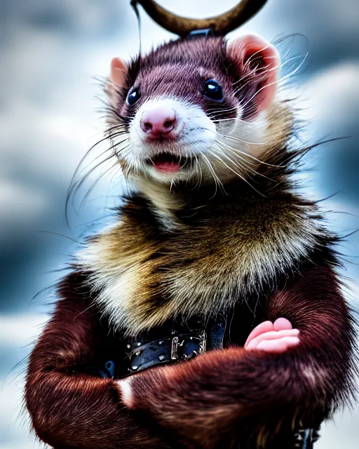 Image similar to ferret warrior, furry, fantasy, viking, high detailed, photography, cloudy, lightweight leather armour, scandinavia, plain, detailed face, look into the distance, serious face, full body, in helmet, in full growth, professional photographer, masterpiece, 5 0 mm, extremely detailed, digital art 8 k