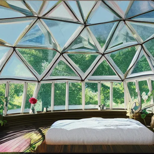 Prompt: interior of cozy queer geodesic dome bedroom with flowers, iridescent windows, hyperrealistic fine art oil painting