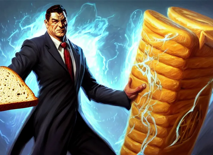 Image similar to magic : the gathering fantasy character concept art of the great businessman by marco bucci and frank frazetta, high resolution. a clear portrait of powerful, business man wearing a business suit, holding a magical briefcase overflowing with bread and toast swirling around, fantasy coloring, intricate, digital painting, artstation, smooth, sharp focus