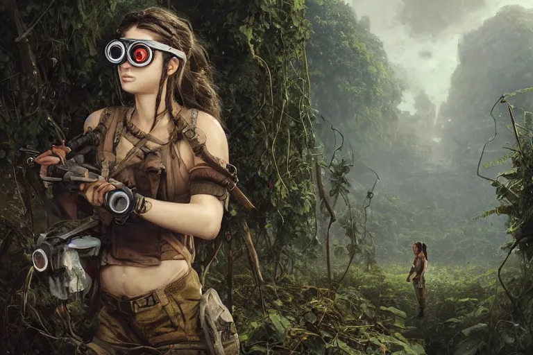 Image similar to artstation concept of a beautiful adventurous girl wearing goggles holding a machine pistol, sweaty skin, symmetrical face, high body detail, ripped up field fatigues, jungle background with ruins, vines, hyperdetailed, artstation trending, world renowned artists, worth1000.com, cgsociety, by greg rutkowski, by Gustave Doré, by Marco Turini, by Artgerm, Deviantart in the style of Tom Bagshaw, Cedric Peyravernay, Peter Mohrbacher