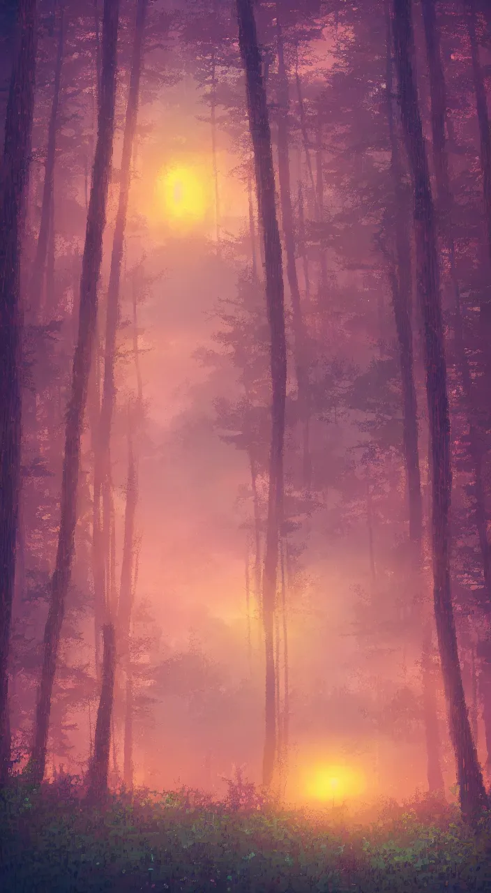 Image similar to a dreamy sunset in the forest pixelart retrowave style ultra realistic, highly detailed, sharp focus, cinematic lighting, mood lighting, realistic, vivid colors, painting, photorealistic, digital art, non blurry, sharp, smooth, illustration