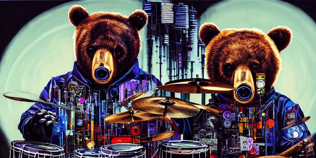 Prompt: a portrait of one anthropomorphic cyberpunk single bear playing a drum set by sandra chevrier, by jon foster, detailed render, tape deck, epic composition, bass drum, lots of cymbals, high hat, cybernetics, 4 k realistic, cryengine, realistic shaded lighting, sharp focus, masterpiece, by enki bilal