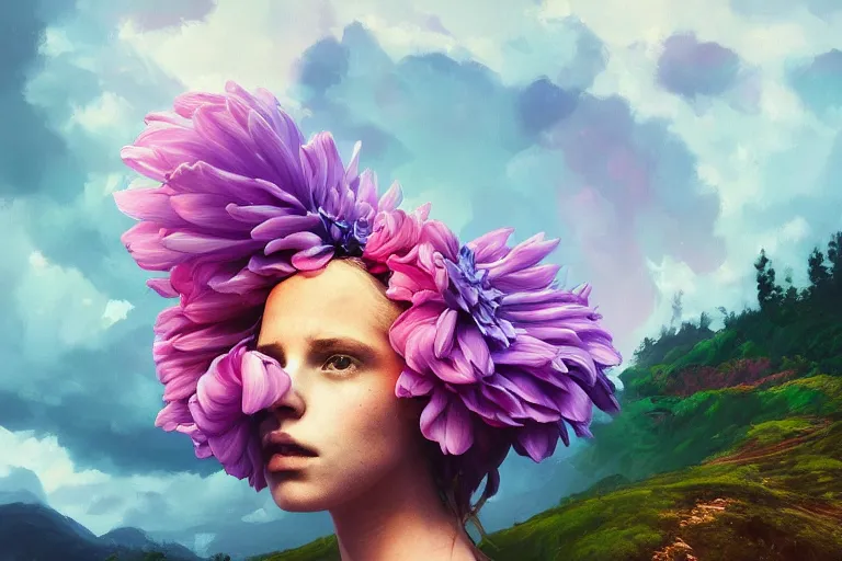 Image similar to giant dahlia flower crown under head, bust girl on mountain, surreal photography, blue storm clouds, dramatic light, impressionist painting, digital painting, artstation, simon stalenhag