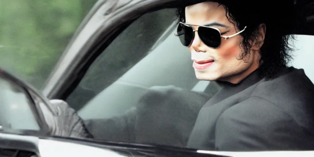 Prompt: michael jackson 2 0 0 9 wearing shades, alone, this is it style, photo real, pores, motion blur, sitting in black car with window open, by himself, real life, spotted, ultra realistic face, accurate, 4 k, movie still, uhd, sharp, detailed, cinematic, render, modern