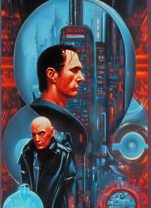 Image similar to 1 9 8 3 movie poster for neuromancer. oil on canvas. print.