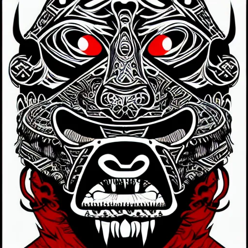 Prompt: barong family member, wiwek, mara demon, one single tribe member, jungle, one single mask, dark, ancient warrior, gorilla, lizard, tribal, black and white, red eyes, art by dan mumford