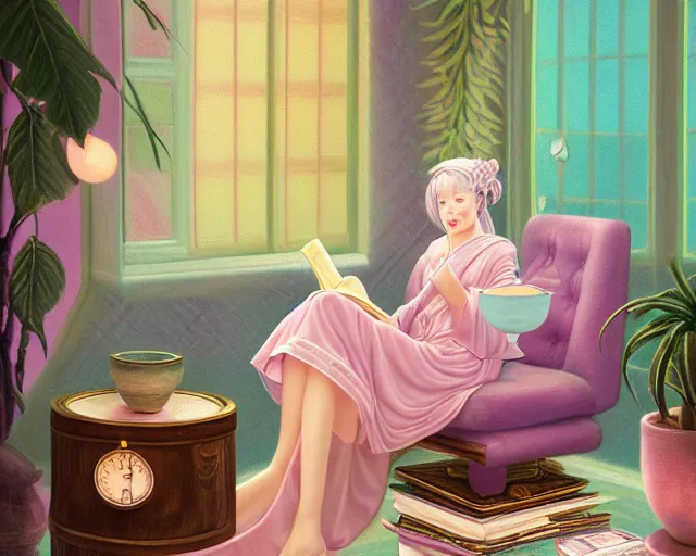 Prompt: a pastel painting of a woman wizard lounging on a purpur pillow on the marbled checkered floor in her study room reading an ancient tome. to the side is a potted plant, candlelit raytracing. ancient oriental retrofuturistic fantasy setting. 4 k key art. by yoshitaka amano and mark tedin