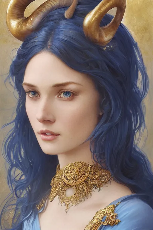 Image similar to a beautiful woman with deep blue skin, big natural ram horns on her head, flowing dress, gold jewellery, dnd, face, fantasy, intricate, elegant, highly detailed, digital painting, artstation, concept art, smooth, sharp focus, illustration, art by artgerm and greg rutkowski and alphonse mucha