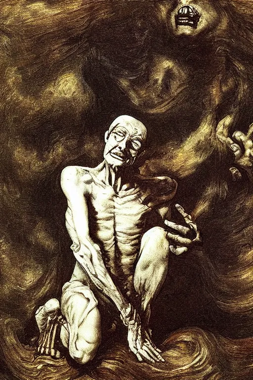 Image similar to the last human on earth, detailed baroque oil painting, dark, disturbing by goya and alan lee, smoke, hell on earth