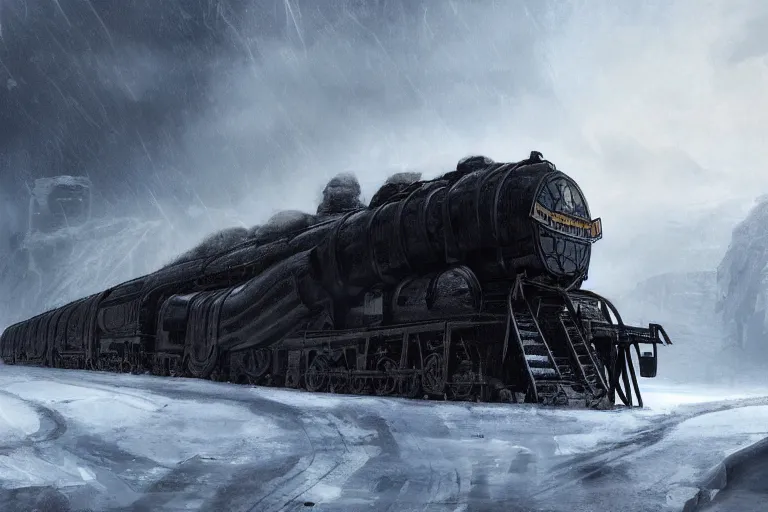 Image similar to an intricate futuristic black steam train and a giant mammoth, post - apocalyptic ice landscape in snowstorm, concept art, artstation, highly detailed, digital art