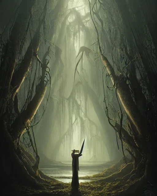 Image similar to highly detailed surreal vfx portrait of a cursed dagger in a shadowy swamp by a willow tree, stephen bliss, unreal engine, greg rutkowski, loish, rhads, beeple, makoto shinkai and lois van baarle, ilya kuvshinov, rossdraws, tom bagshaw, alphonse mucha, global illumination, detailed and intricate environment