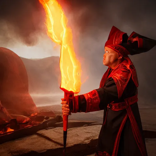 Image similar to fire mage casting pyroblast, realistic 8 k professional photography, midday lighting, defiant, octane, volumetric lighting, 7 0 mm,