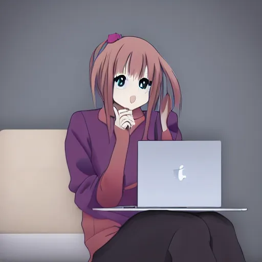 Image similar to anime girl with macbook pro, anime style, beautiful, sharp focus, extremely detailed