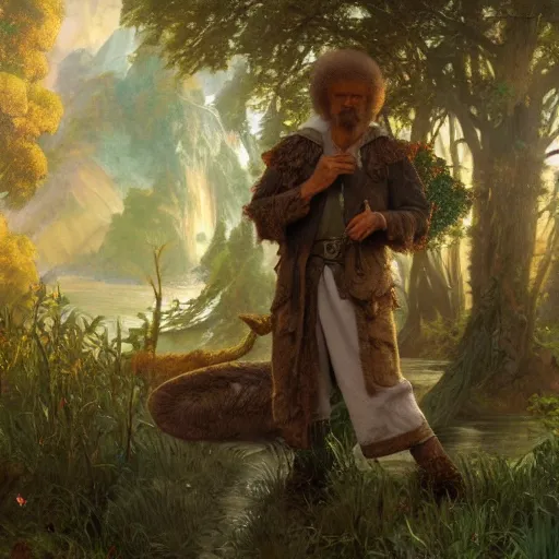 Image similar to an ultra detailed matte painting of bob ross dressed as a wandering elf druid, large alligator animal familiar!!! d & d, fantasy concept art by alphonse mucha and greg rutkowski and maschinen krieger and beeple, octane render, 8 k, detailed face