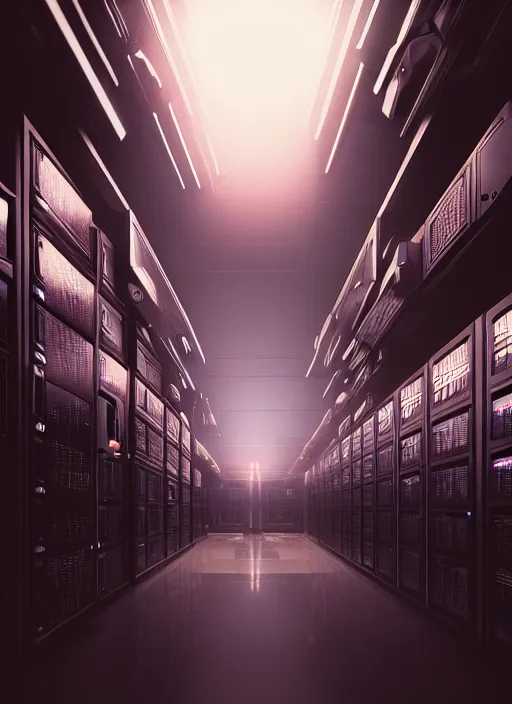 Image similar to computers, wired in, in a highly detailed server room with computers everywhere, cinematic view, epic sky, detailed, concept art, low angle, high detail, warm lighting, volumetric, godrays, vivid, beautiful, trending on artstation, by jordan grimmer, huge scene, art greg rutkowski