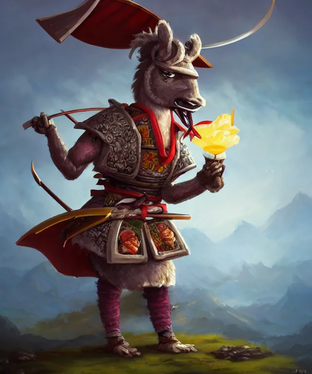 Image similar to anthropomorphic llama samurai eating sushi, samurai outfit, standing in a beautiful landscape, cute and adorable, dnd character art portrait, matte fantasy painting, deviantart artstation, by jason felix by steve argyle by tyler jacobson by peter mohrbacher, cinematic lighting