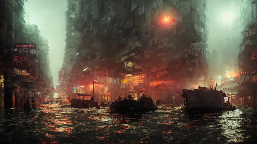 Image similar to dramatic Photorealistic, Matte Painting of a tug boat with bright head lights exploring a busy post apocalyptic flooded Hong Kong city street at night,dark Tall buildings by Greg Rutkowski,Craig Mullins,Hyperrealism,Beautiful dramatic moody lighting,Cinematic Atmosphere,Volumetric,VRay Rendering,8K