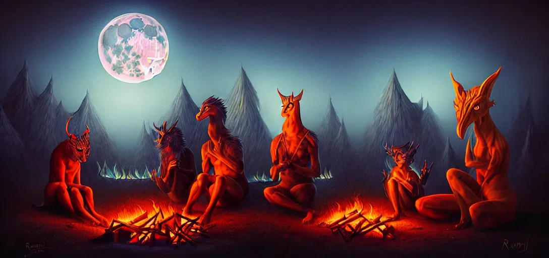 Image similar to strange mythical beasts of sitting around a fire under a full moon, surreal dark uncanny painting by ronny khalil