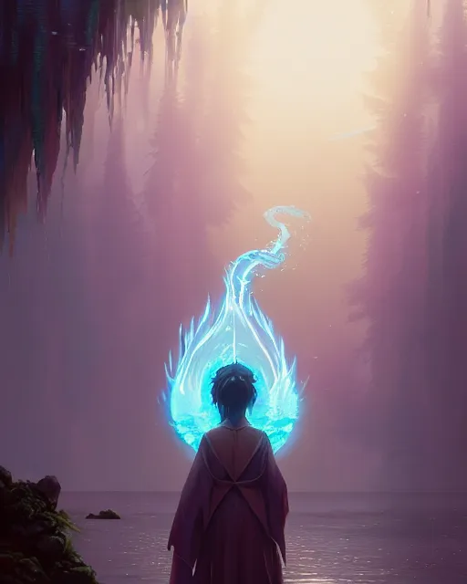 Image similar to highly detailed vfx portrait a mage casting a water spell, stephen bliss, unreal engine, greg rutkowski, loish, rhads, beeple, makoto shinkai and lois van baarle, ilya kuvshinov, rossdraws, tom bagshaw, alphonse mucha, global illumination, detailed and intricate environment