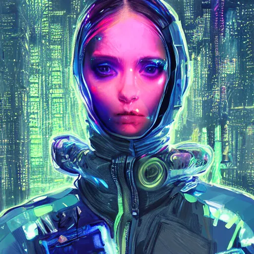 Image similar to portrait of a skill magic deepdream guard girl cyberpunk futuristic, reflective puffer jacket, black leggings from the back radiating a glowing aura by ismail inceoglu dragan bibin hans thoma, perfect face, fine details, realistic shaded, fine - face, pretty face