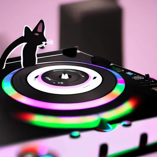 Image similar to anthropomorphic cat at a dj table spinning records, beautiful logo style, rendered in blender