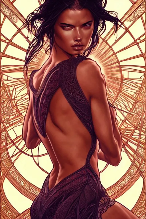 Image similar to symmetry!! intense fanart of 3 / 4 back pose of adriana lima as acotar protagonist, intricate, elegant, highly detailed, my rendition, digital painting, artstation, concept art, smooth, sharp focus, illustration, art by artgerm and greg rutkowski and alphonse mucha