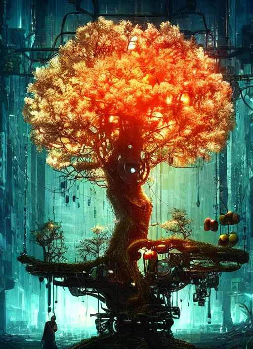 Image similar to tree with intricate mechanical apples, on the background of a weird magical mechanical forest. Very detailed 8k. Fantasy cyberpunk horror. Sharp. Cinematic post-processing